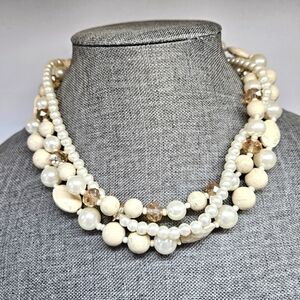 VINTAGE JULES Signed White Faux Pearl Beaded Multi-Strand Necklace